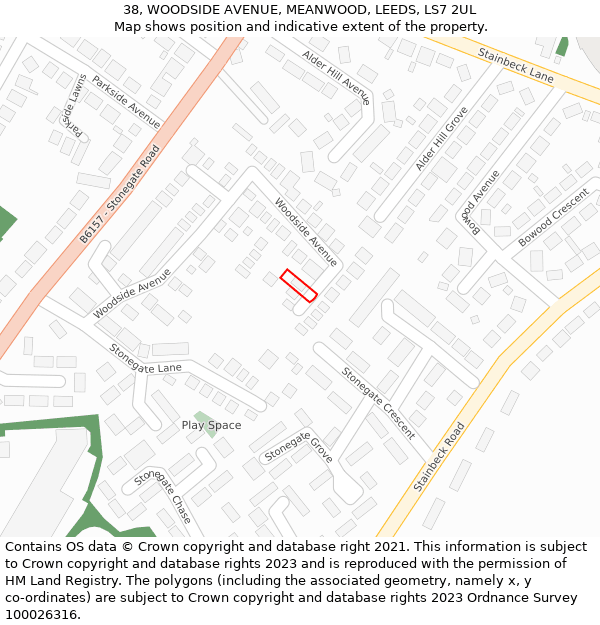 38, WOODSIDE AVENUE, MEANWOOD, LEEDS, LS7 2UL: Location map and indicative extent of plot