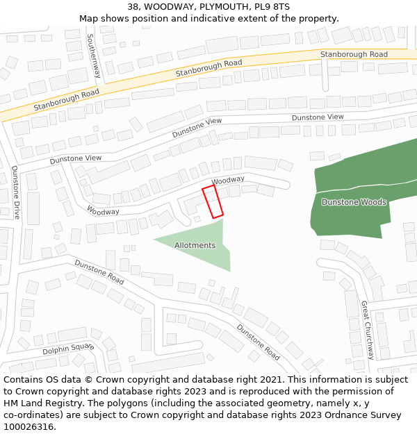 38, WOODWAY, PLYMOUTH, PL9 8TS: Location map and indicative extent of plot