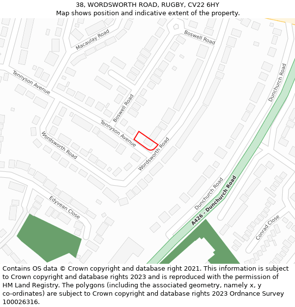38, WORDSWORTH ROAD, RUGBY, CV22 6HY: Location map and indicative extent of plot
