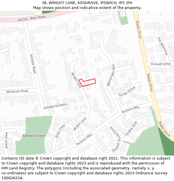 38, WRIGHT LANE, KESGRAVE, IPSWICH, IP5 2FA: Location map and indicative extent of plot