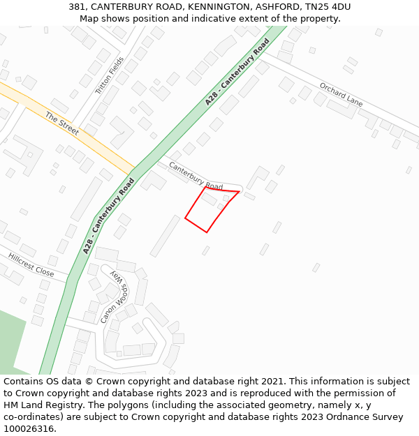 381, CANTERBURY ROAD, KENNINGTON, ASHFORD, TN25 4DU: Location map and indicative extent of plot