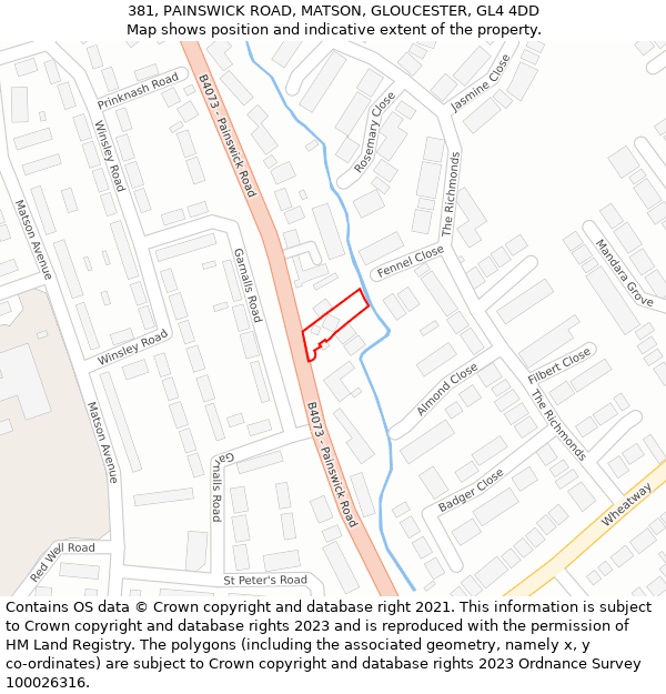 381, PAINSWICK ROAD, MATSON, GLOUCESTER, GL4 4DD: Location map and indicative extent of plot