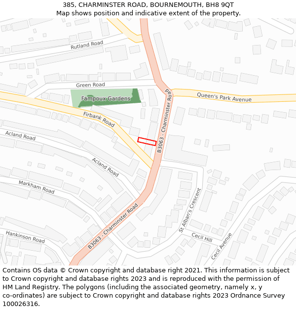 385, CHARMINSTER ROAD, BOURNEMOUTH, BH8 9QT: Location map and indicative extent of plot