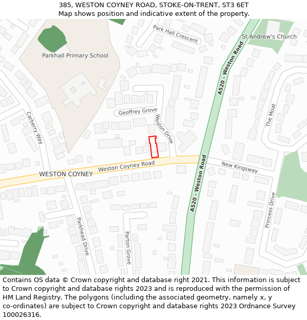 385, WESTON COYNEY ROAD, STOKE-ON-TRENT, ST3 6ET: Location map and indicative extent of plot