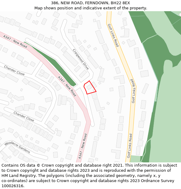 386, NEW ROAD, FERNDOWN, BH22 8EX: Location map and indicative extent of plot