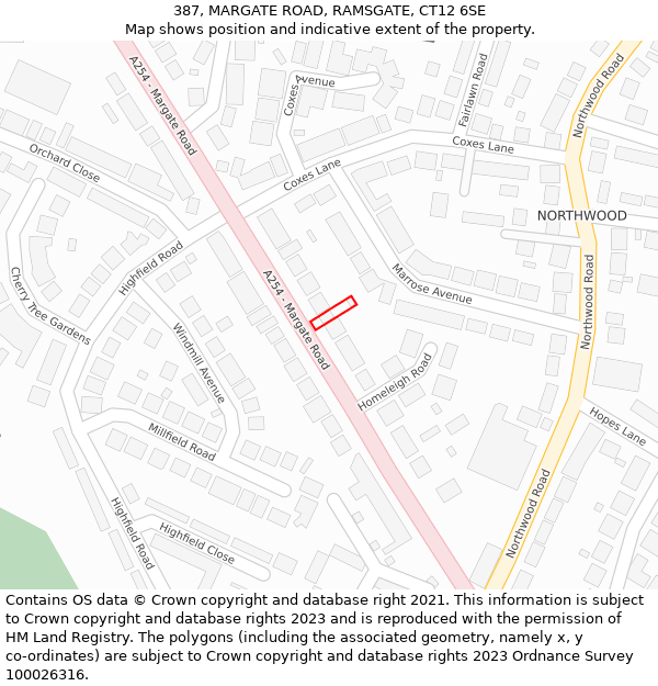 387, MARGATE ROAD, RAMSGATE, CT12 6SE: Location map and indicative extent of plot