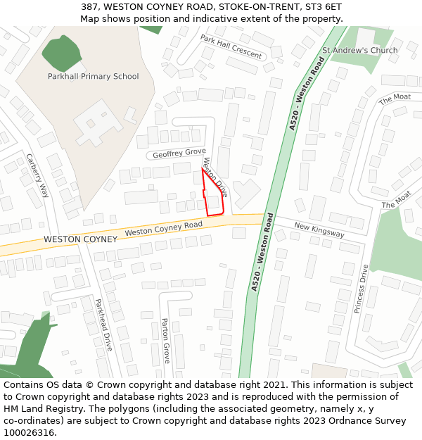 387, WESTON COYNEY ROAD, STOKE-ON-TRENT, ST3 6ET: Location map and indicative extent of plot