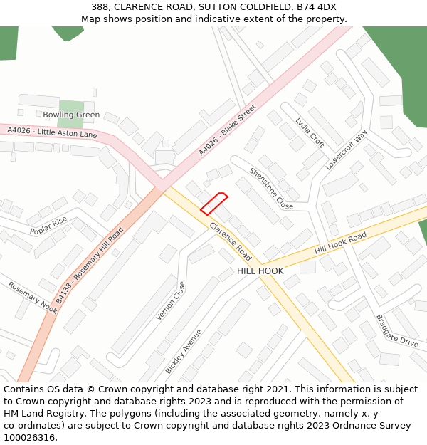 388, CLARENCE ROAD, SUTTON COLDFIELD, B74 4DX: Location map and indicative extent of plot
