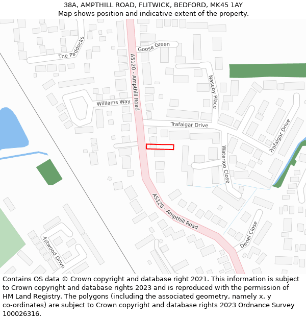 38A, AMPTHILL ROAD, FLITWICK, BEDFORD, MK45 1AY: Location map and indicative extent of plot