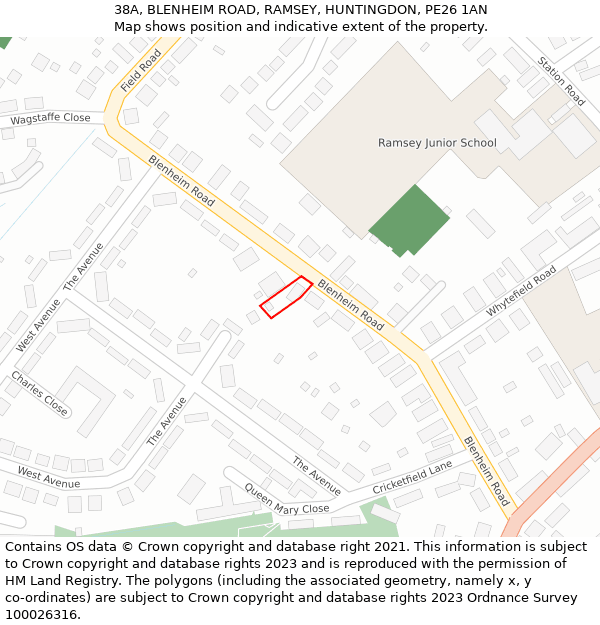 38A, BLENHEIM ROAD, RAMSEY, HUNTINGDON, PE26 1AN: Location map and indicative extent of plot
