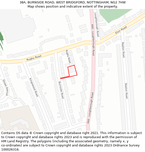 38A, BURNSIDE ROAD, WEST BRIDGFORD, NOTTINGHAM, NG2 7HW: Location map and indicative extent of plot