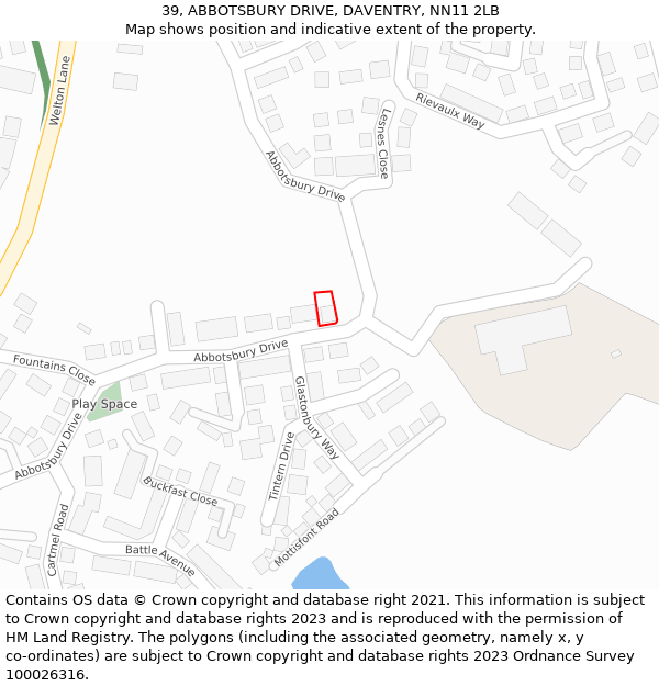 39, ABBOTSBURY DRIVE, DAVENTRY, NN11 2LB: Location map and indicative extent of plot