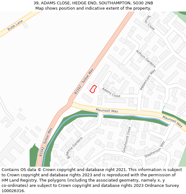 39, ADAMS CLOSE, HEDGE END, SOUTHAMPTON, SO30 2NB: Location map and indicative extent of plot