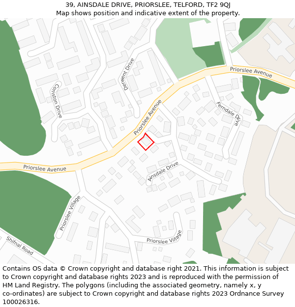 39, AINSDALE DRIVE, PRIORSLEE, TELFORD, TF2 9QJ: Location map and indicative extent of plot