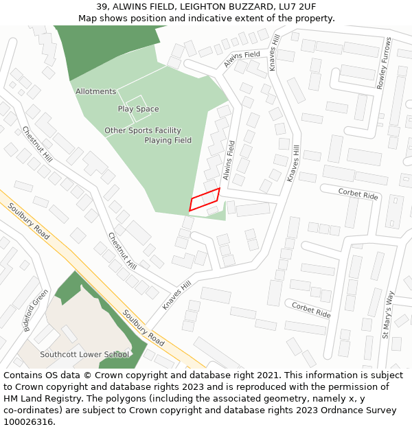 39, ALWINS FIELD, LEIGHTON BUZZARD, LU7 2UF: Location map and indicative extent of plot