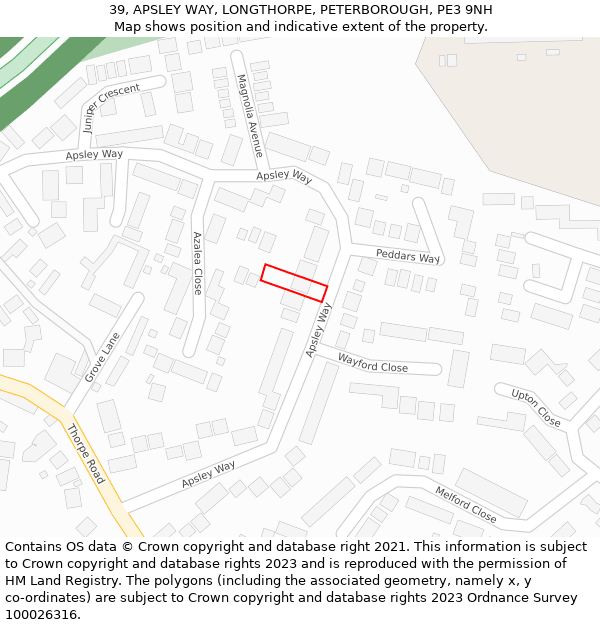 39, APSLEY WAY, LONGTHORPE, PETERBOROUGH, PE3 9NH: Location map and indicative extent of plot