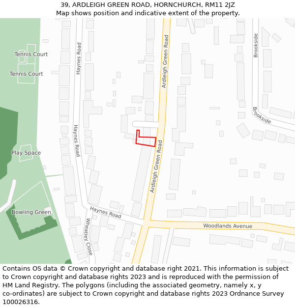 39, ARDLEIGH GREEN ROAD, HORNCHURCH, RM11 2JZ: Location map and indicative extent of plot