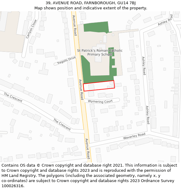 39, AVENUE ROAD, FARNBOROUGH, GU14 7BJ: Location map and indicative extent of plot