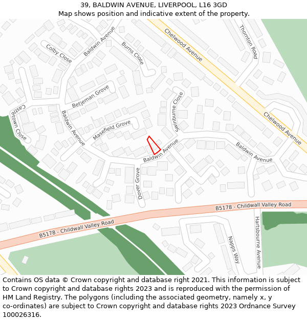 39, BALDWIN AVENUE, LIVERPOOL, L16 3GD: Location map and indicative extent of plot