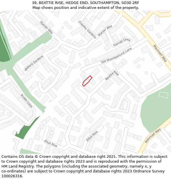 39, BEATTIE RISE, HEDGE END, SOUTHAMPTON, SO30 2RF: Location map and indicative extent of plot