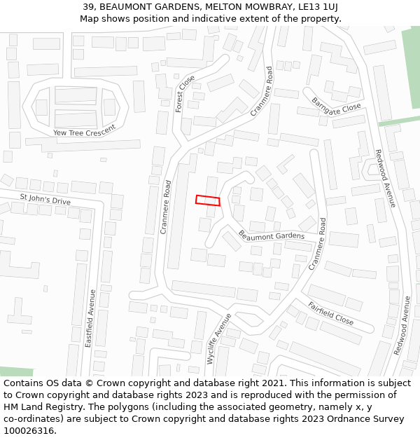 39, BEAUMONT GARDENS, MELTON MOWBRAY, LE13 1UJ: Location map and indicative extent of plot