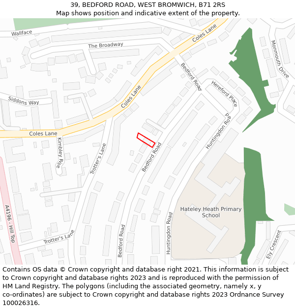 39, BEDFORD ROAD, WEST BROMWICH, B71 2RS: Location map and indicative extent of plot