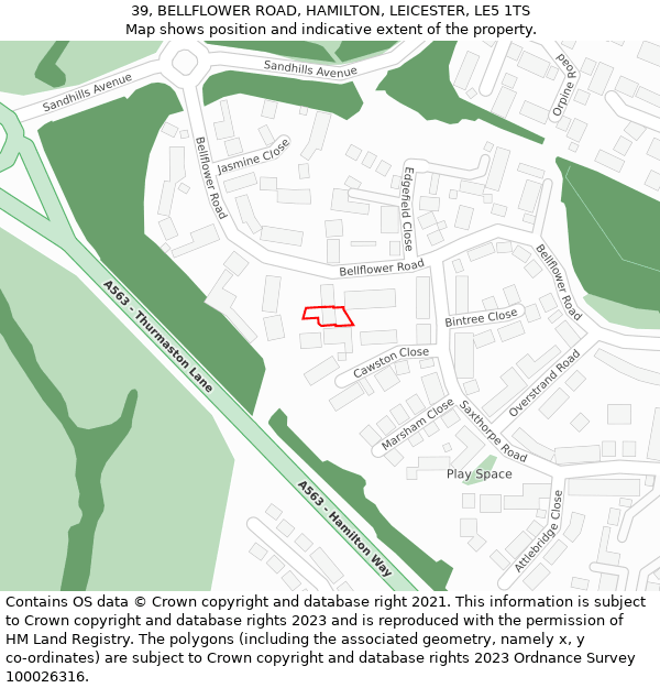 39, BELLFLOWER ROAD, HAMILTON, LEICESTER, LE5 1TS: Location map and indicative extent of plot