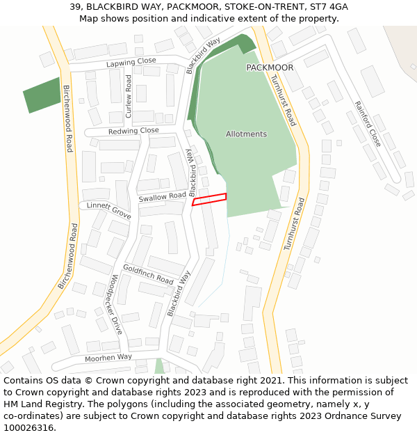 39, BLACKBIRD WAY, PACKMOOR, STOKE-ON-TRENT, ST7 4GA: Location map and indicative extent of plot
