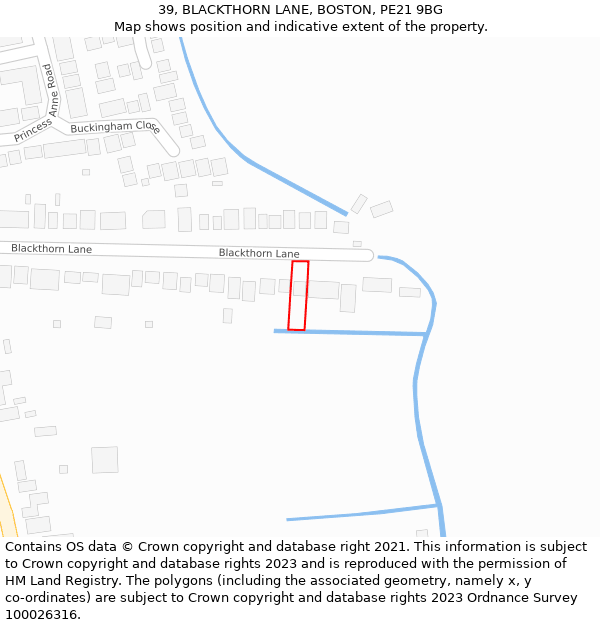 39, BLACKTHORN LANE, BOSTON, PE21 9BG: Location map and indicative extent of plot