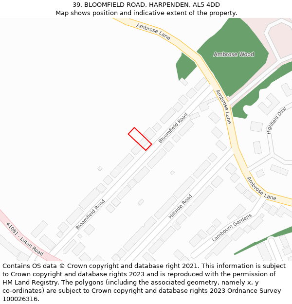 39, BLOOMFIELD ROAD, HARPENDEN, AL5 4DD: Location map and indicative extent of plot