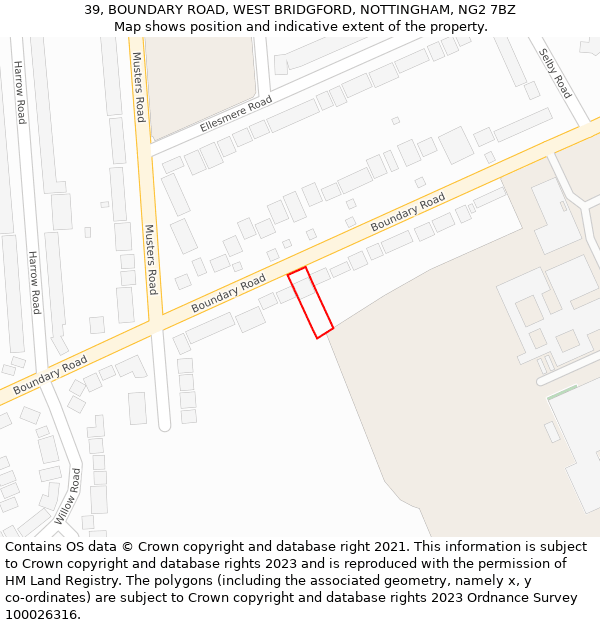 39, BOUNDARY ROAD, WEST BRIDGFORD, NOTTINGHAM, NG2 7BZ: Location map and indicative extent of plot