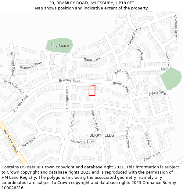 39, BRAMLEY ROAD, AYLESBURY, HP18 0FT: Location map and indicative extent of plot