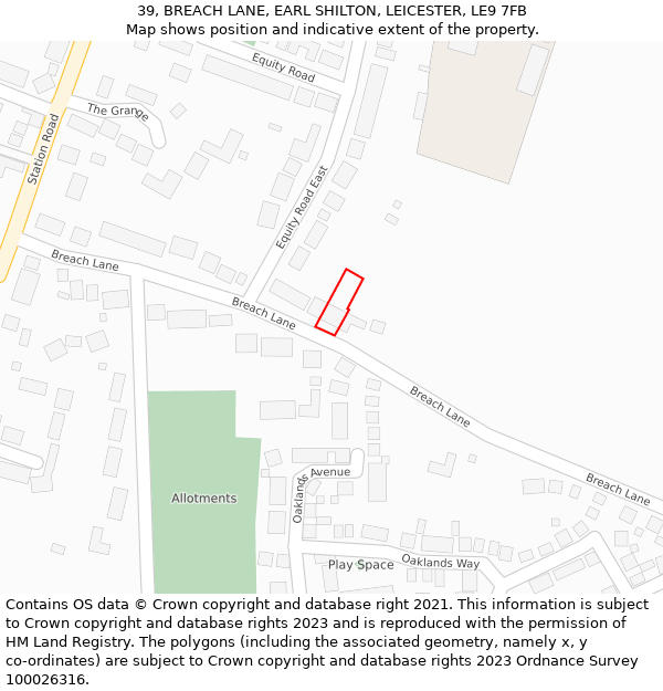 39, BREACH LANE, EARL SHILTON, LEICESTER, LE9 7FB: Location map and indicative extent of plot
