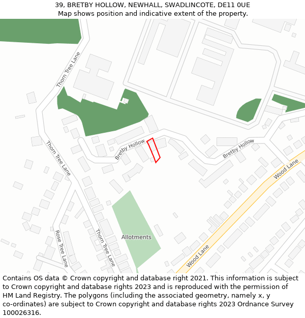 39, BRETBY HOLLOW, NEWHALL, SWADLINCOTE, DE11 0UE: Location map and indicative extent of plot