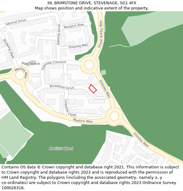 39, BRIMSTONE DRIVE, STEVENAGE, SG1 4FX: Location map and indicative extent of plot