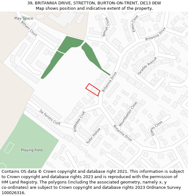 39, BRITANNIA DRIVE, STRETTON, BURTON-ON-TRENT, DE13 0EW: Location map and indicative extent of plot