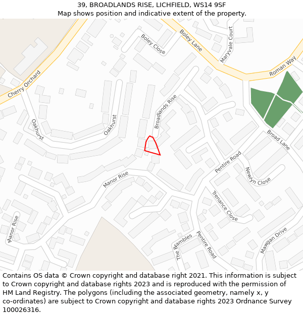 39, BROADLANDS RISE, LICHFIELD, WS14 9SF: Location map and indicative extent of plot