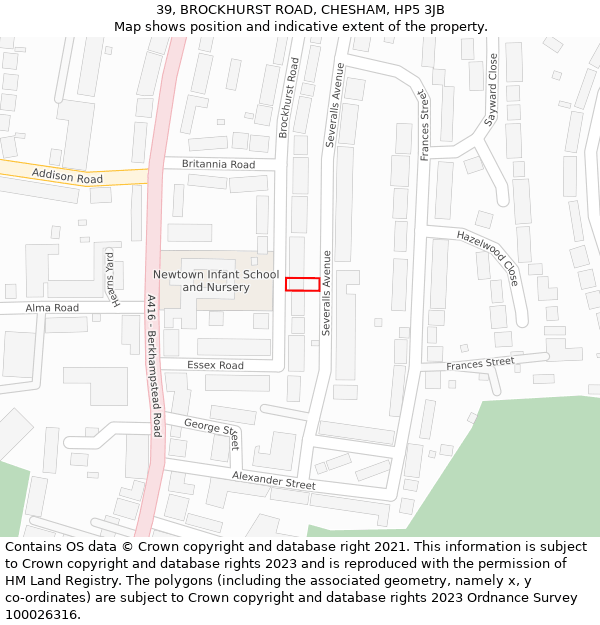 39, BROCKHURST ROAD, CHESHAM, HP5 3JB: Location map and indicative extent of plot