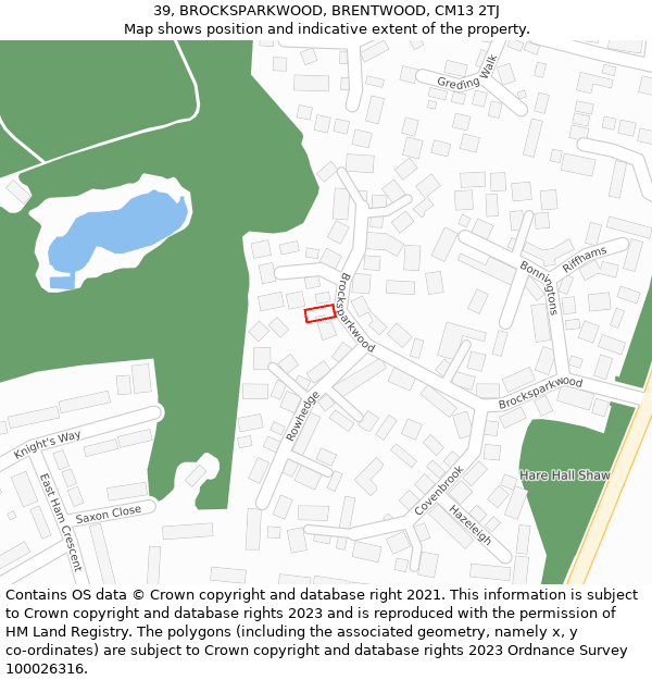 39, BROCKSPARKWOOD, BRENTWOOD, CM13 2TJ: Location map and indicative extent of plot