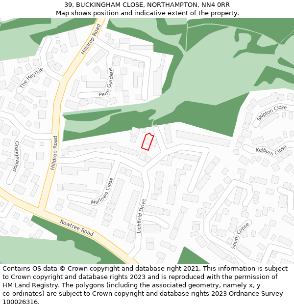 39, BUCKINGHAM CLOSE, NORTHAMPTON, NN4 0RR: Location map and indicative extent of plot