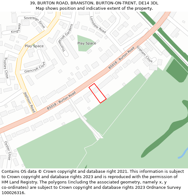 39, BURTON ROAD, BRANSTON, BURTON-ON-TRENT, DE14 3DL: Location map and indicative extent of plot