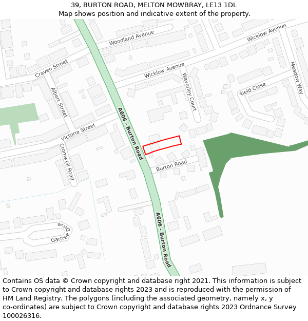 39, BURTON ROAD, MELTON MOWBRAY, LE13 1DL: Location map and indicative extent of plot