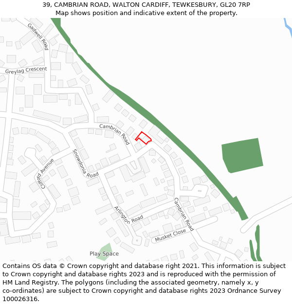 39, CAMBRIAN ROAD, WALTON CARDIFF, TEWKESBURY, GL20 7RP: Location map and indicative extent of plot