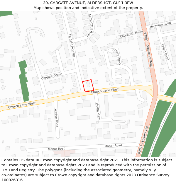 39, CARGATE AVENUE, ALDERSHOT, GU11 3EW: Location map and indicative extent of plot