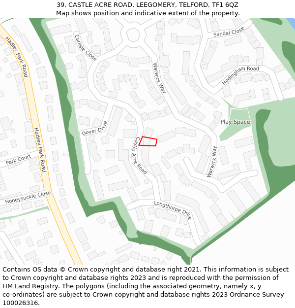 39, CASTLE ACRE ROAD, LEEGOMERY, TELFORD, TF1 6QZ: Location map and indicative extent of plot