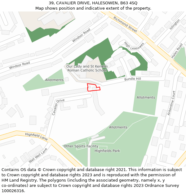 39, CAVALIER DRIVE, HALESOWEN, B63 4SQ: Location map and indicative extent of plot