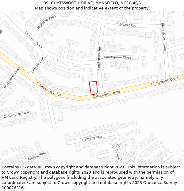 39, CHATSWORTH DRIVE, MANSFIELD, NG18 4QS: Location map and indicative extent of plot