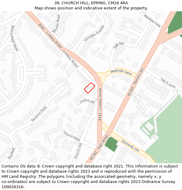 39, CHURCH HILL, EPPING, CM16 4RA: Location map and indicative extent of plot