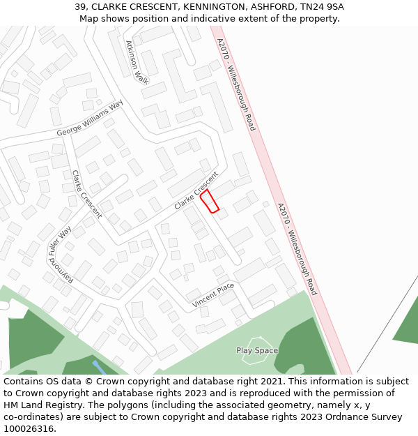 39, CLARKE CRESCENT, KENNINGTON, ASHFORD, TN24 9SA: Location map and indicative extent of plot