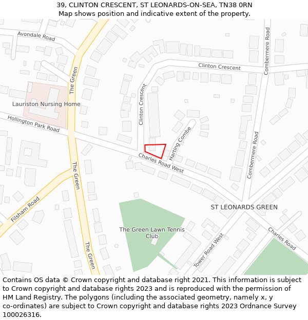 39, CLINTON CRESCENT, ST LEONARDS-ON-SEA, TN38 0RN: Location map and indicative extent of plot